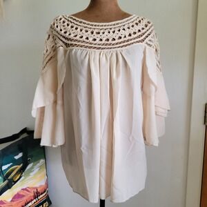 Leshop Cream Macrame Crochet Neck Ruffle‎ Bell Sleeve Boho Blouse Large